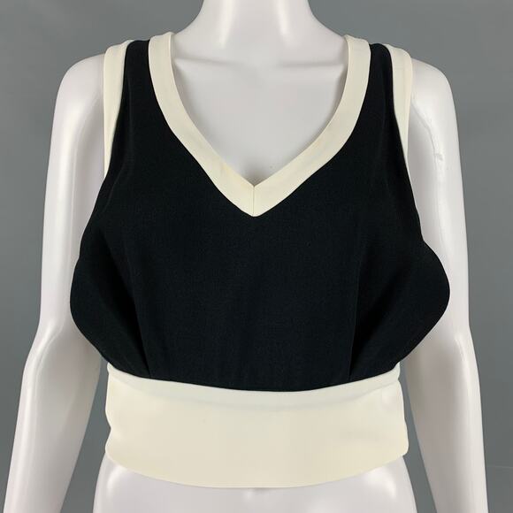MIU MIU Size 2 Black Cream Viscose Contrast trim V-Neck Casual Top - Picture 1 of 8